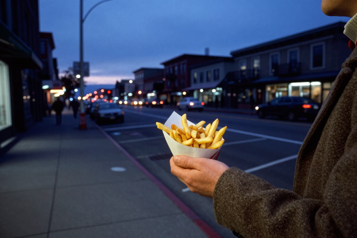 Nautical Dawn Seattle Street Scene with Frites and Concrete Tower in in Seattle, Washington, United States