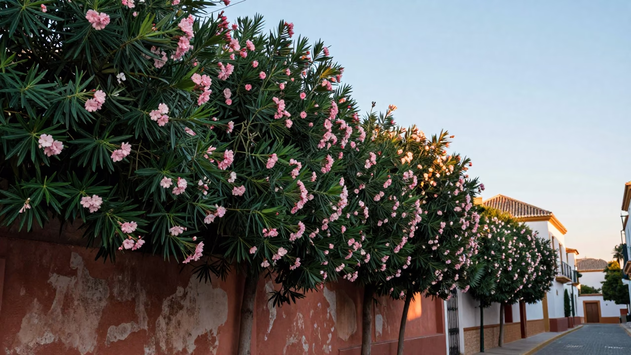 Nautical Dawn Seville Spain Oleander Hedge Mediterranean Lane Realistic Street Scene in in Seville, Spain