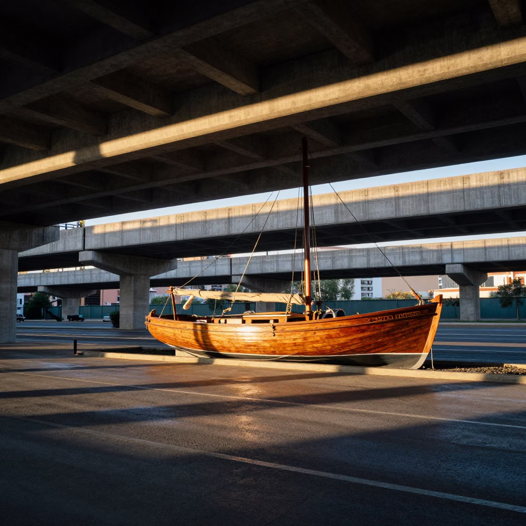 Nautical Dawn Shadows Under Madrid Flyover with Wooden Sailboat in Boatyard in in Madrid, Spain