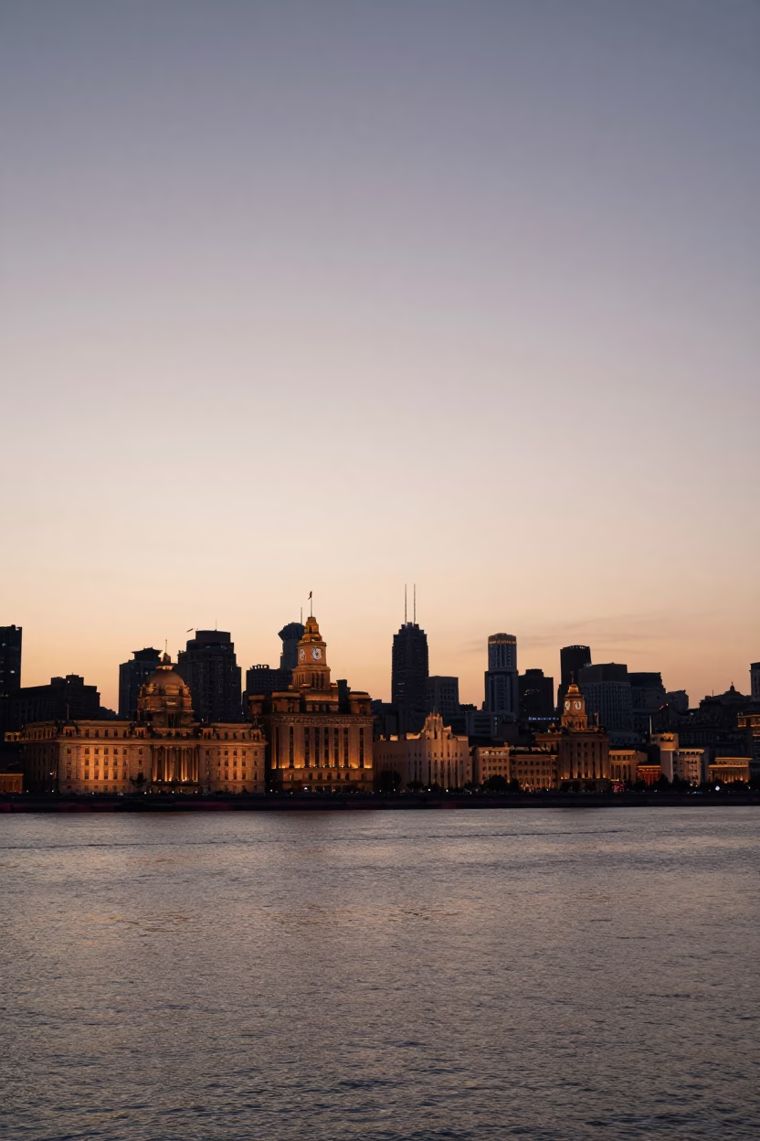 Nautical Dawn Skyline View of Shanghai Bund Waterfront with River Mist and City Lights in in Shanghai, China