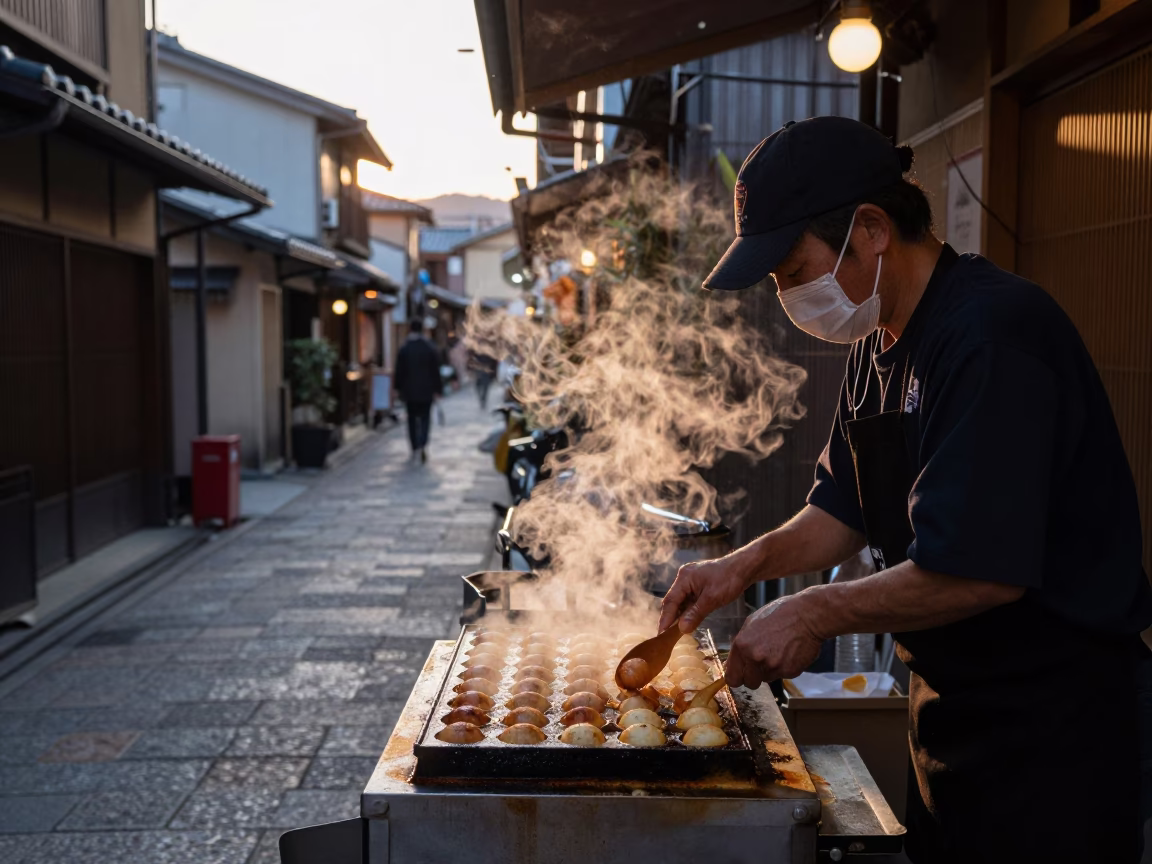 Nautical Dawn Street Food Scene in Kyoto Japan with Takoyaki Grill in in Kyoto, Japan