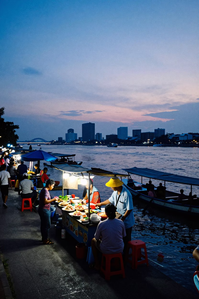 Nautical Dawn Street Food Scene in Phnom Penh Cambodia with Papaya Salad in in Phnom Penh, Cambodia