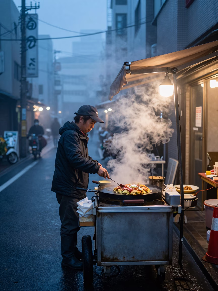 Nautical Dawn Street Photography in Tokyo Japan with Okonomiyaki and Urban Ambience in in Tokyo, Japan