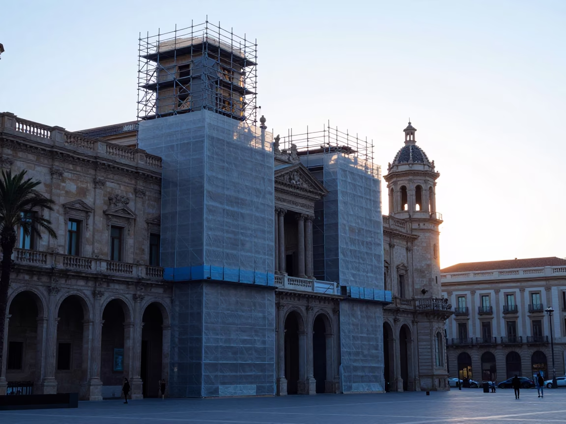 Nautical Dawn Street Photography of Barcelona Plaza with Scaffolding and Local Breakfast in in Barcelona, Spain