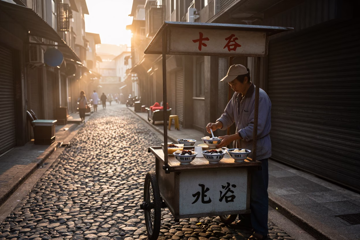 Nautical Dawn Street Scene in 1950s Taipei Taiwan with Taho Vendor and Vintage Scooter in in Taipei, Taiwan