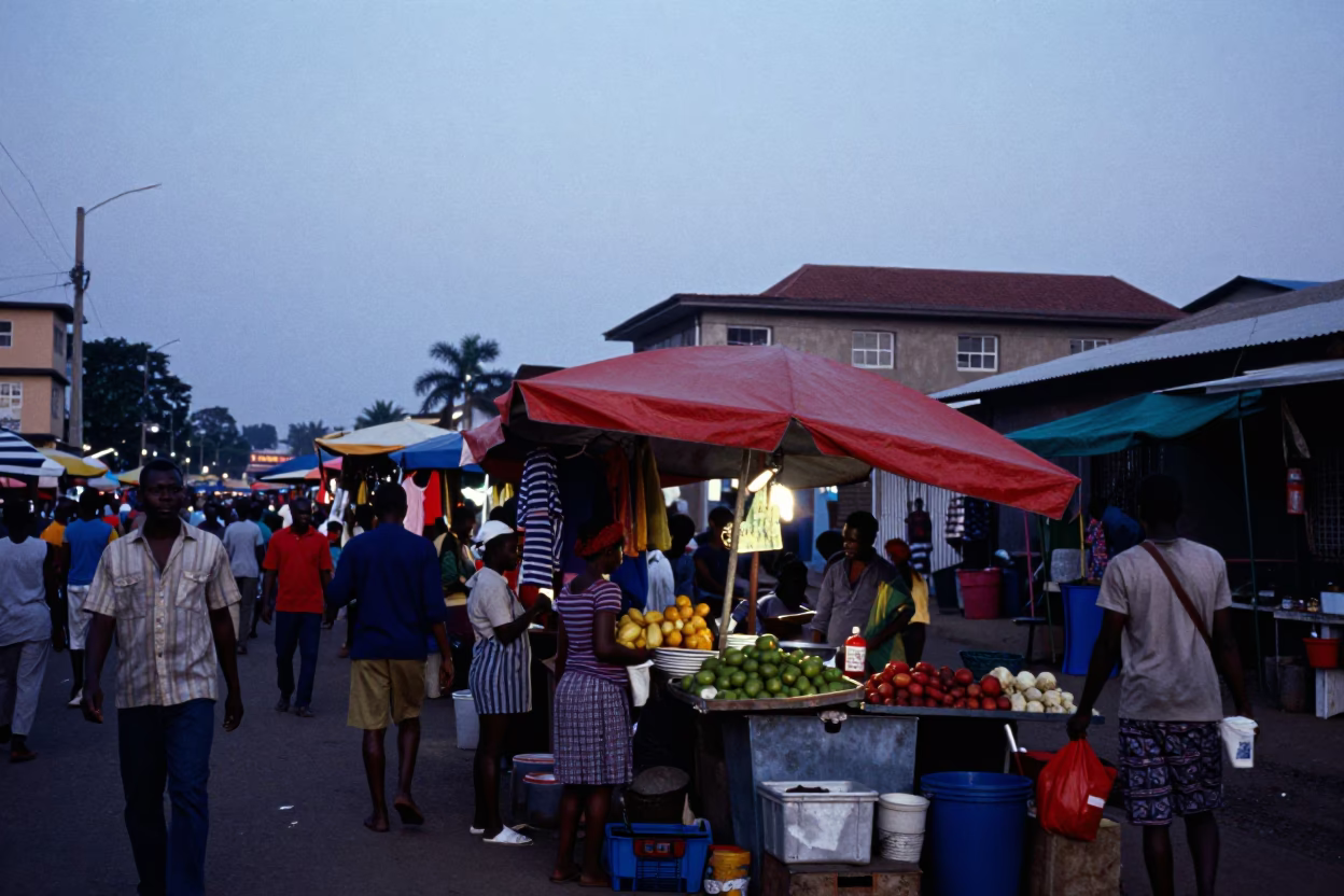 Nautical Dawn Street Scene in Accra Ghana with Colorful Market Activity in in Accra, Ghana