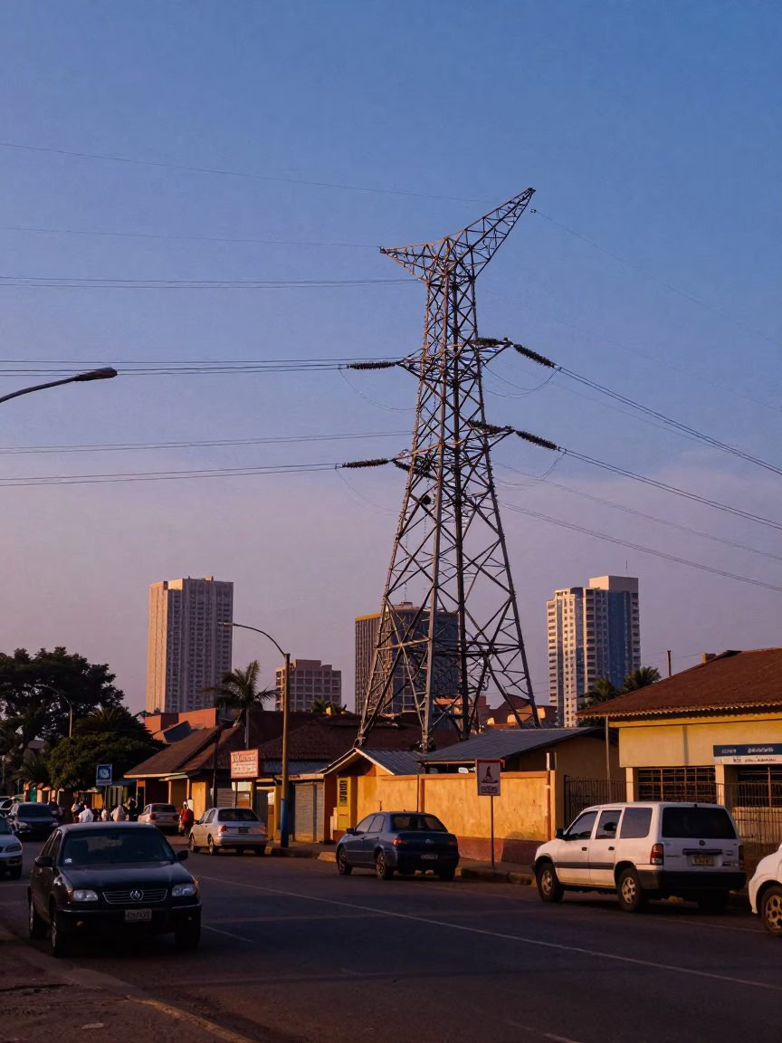 Nautical Dawn Street Scene in Accra Ghana with Lattice Power Substation in in Accra, Ghana