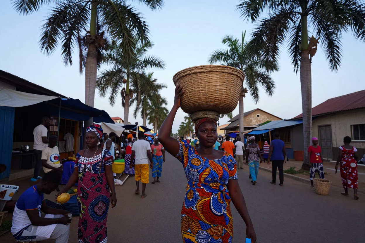 Nautical Dawn Street Scene in Accra Ghana with Local Market Activity and Morning Light in in Accra, Ghana