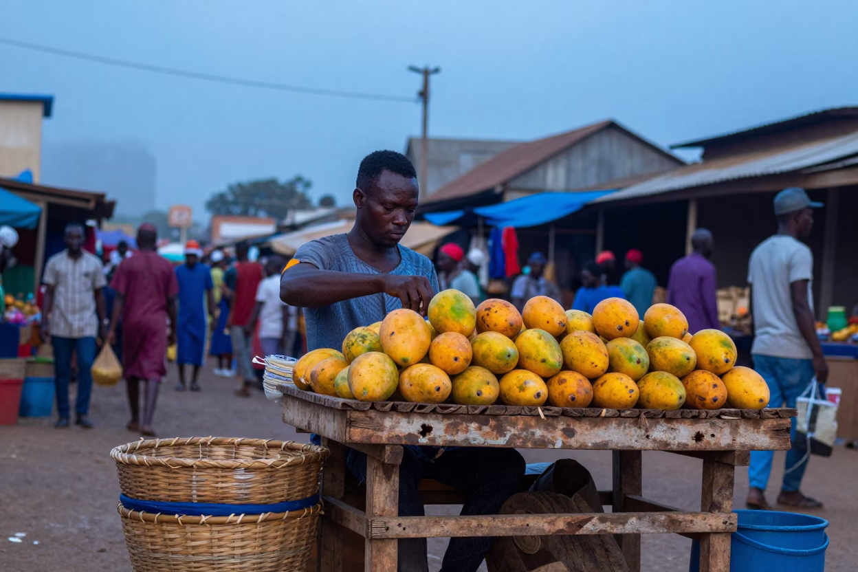 Nautical Dawn Street Scene in Accra Ghana with Woven Baskets and Mangoes in in Accra, Ghana