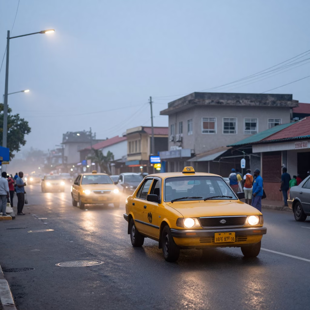 Nautical Dawn Street Scene in Accra Ghana with Yellow Taxi and Clear Glass Rail in in Accra, Ghana