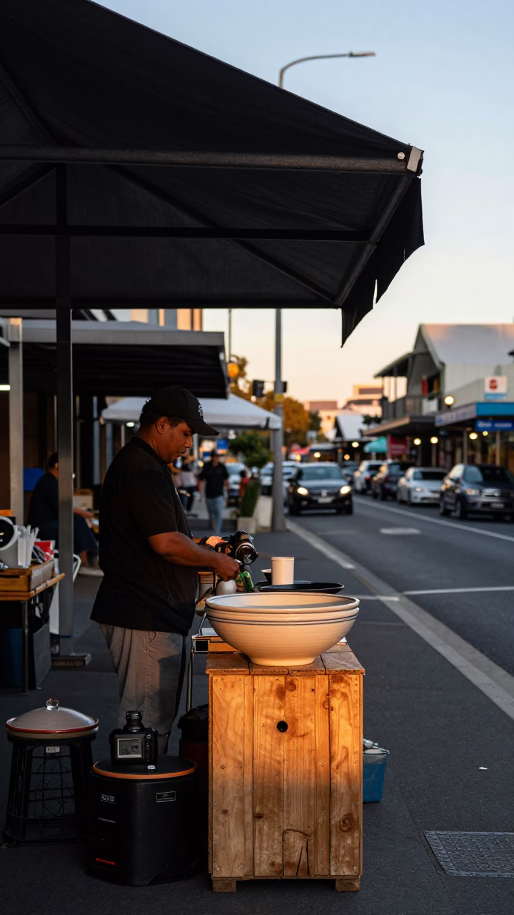Nautical Dawn Street Scene in Adelaide South Australia with Local Market Elements in in Adelaide, South Australia, Australia