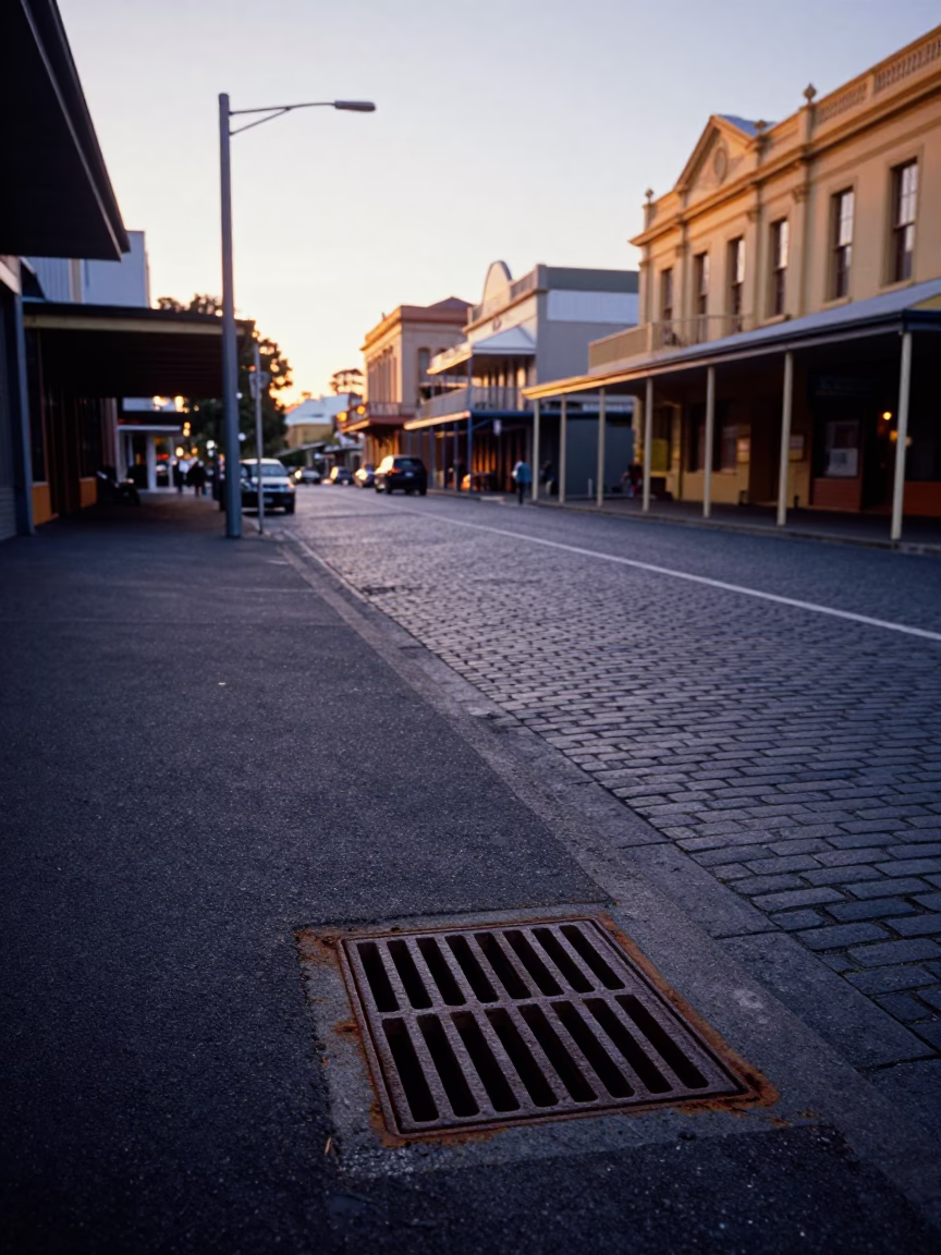 Nautical Dawn Street Scene in Adelaide South Australia with Rusty Drain and Morning Light in in Adelaide, South Australia, Australia