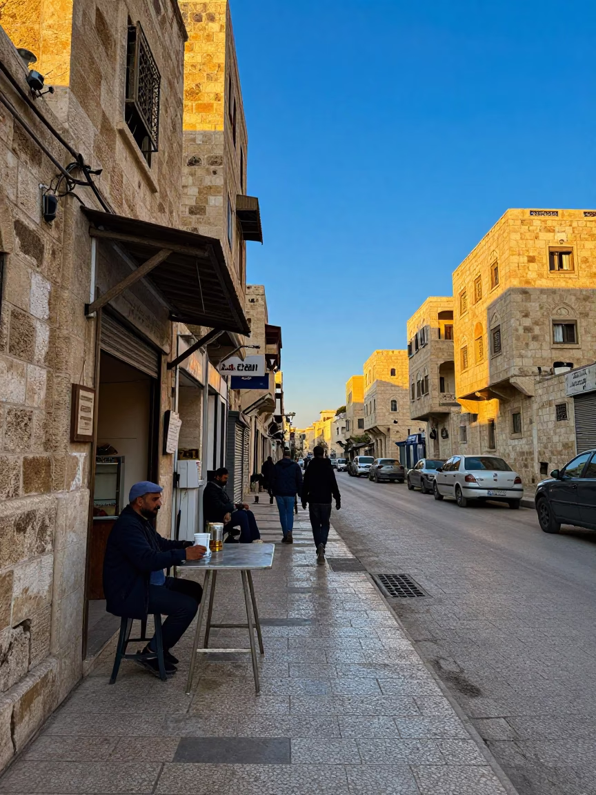 Nautical Dawn Street Scene in Amman Jordan with Faded Tea Stains on Porcelain in in Amman, Jordan