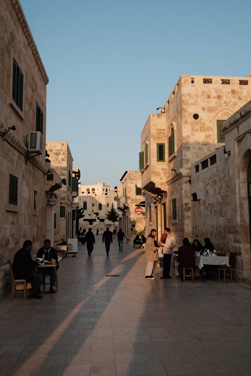 Nautical Dawn Street Scene in Amman Jordan with Local Breakfast Items in in Amman, Jordan