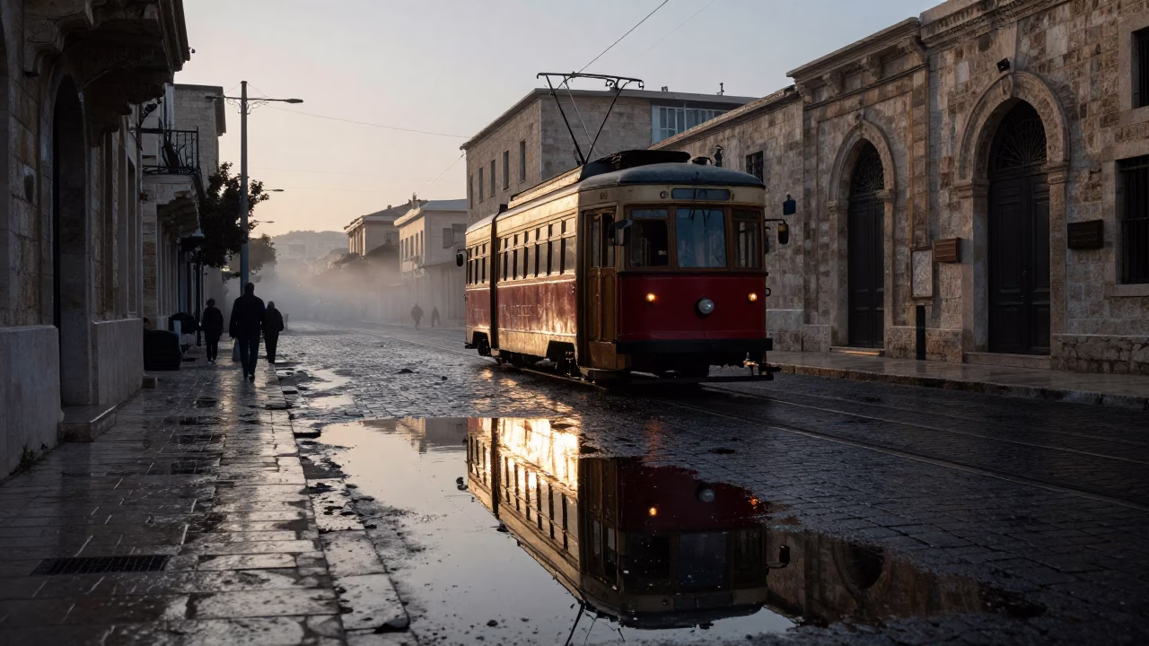 Nautical Dawn Street Scene in Amman Jordan with Tramcar Reflection in in Amman, Jordan