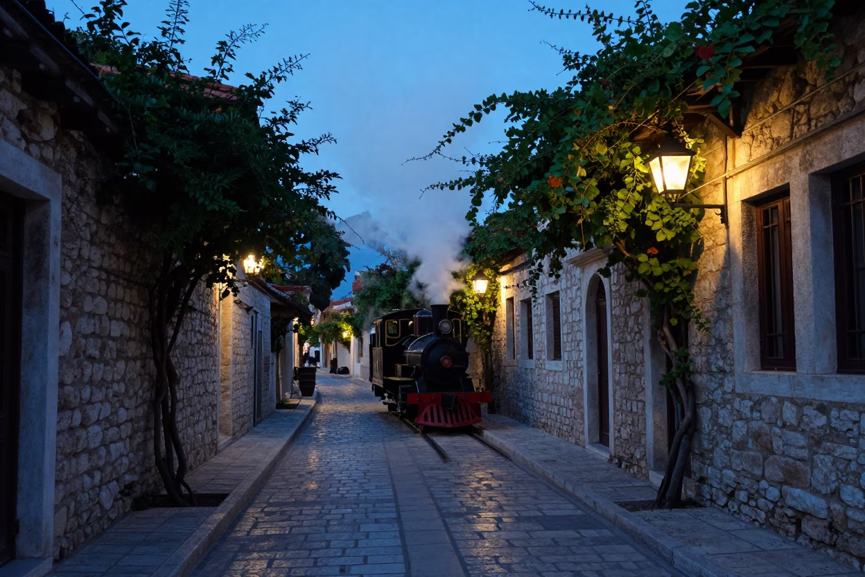 Nautical Dawn Street Scene in Athens Greece with Lanterns and Steam in in Athens, Greece