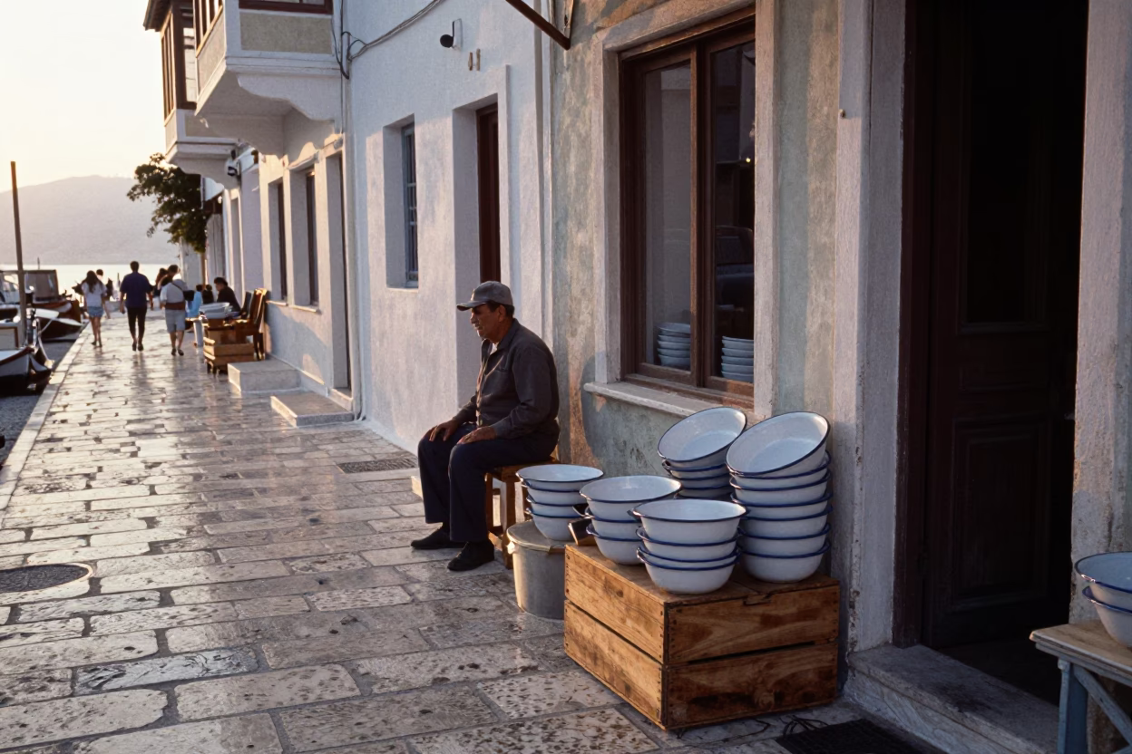 Nautical Dawn Street Scene in Athens Greece with Vintage Enamel Bowls and Urban Architecture in in Athens, Greece