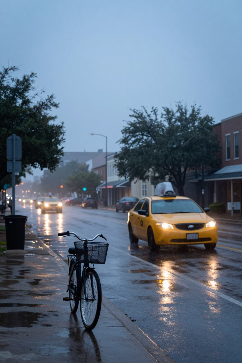 Nautical Dawn Street Scene in Austin Texas with Bicycle Basket and Yellow Taxi in in Austin, Texas, United States