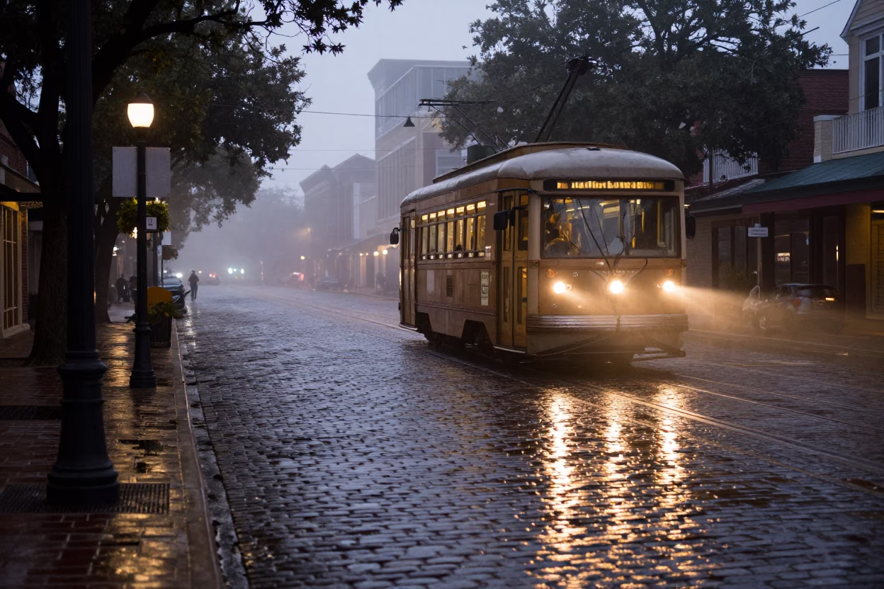 Nautical Dawn Street Scene in Austin Texas with Tramcar Reflections in in Austin, Texas, United States