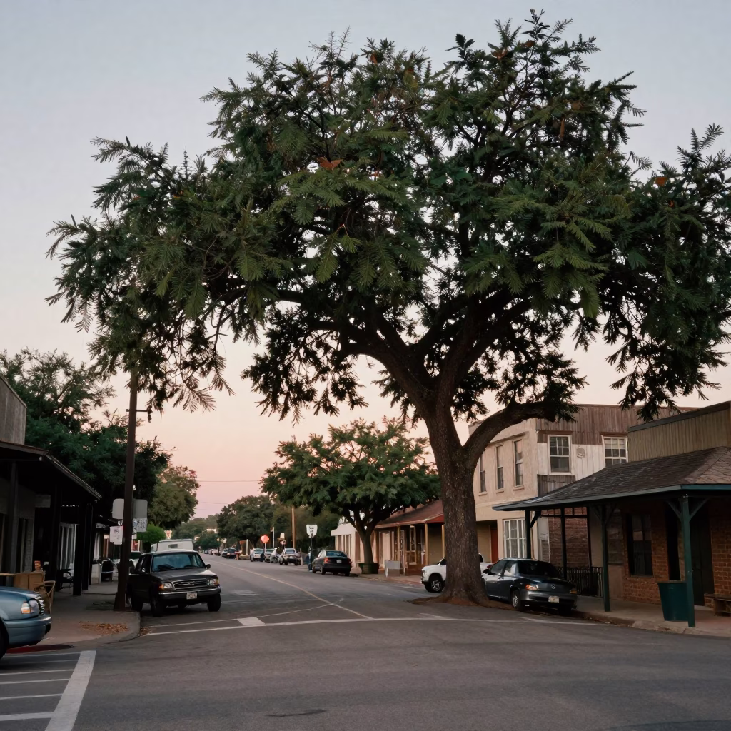 Nautical Dawn Street Scene in Austin Texas with Vintage 1980s Color Palette in in Austin, Texas, United States