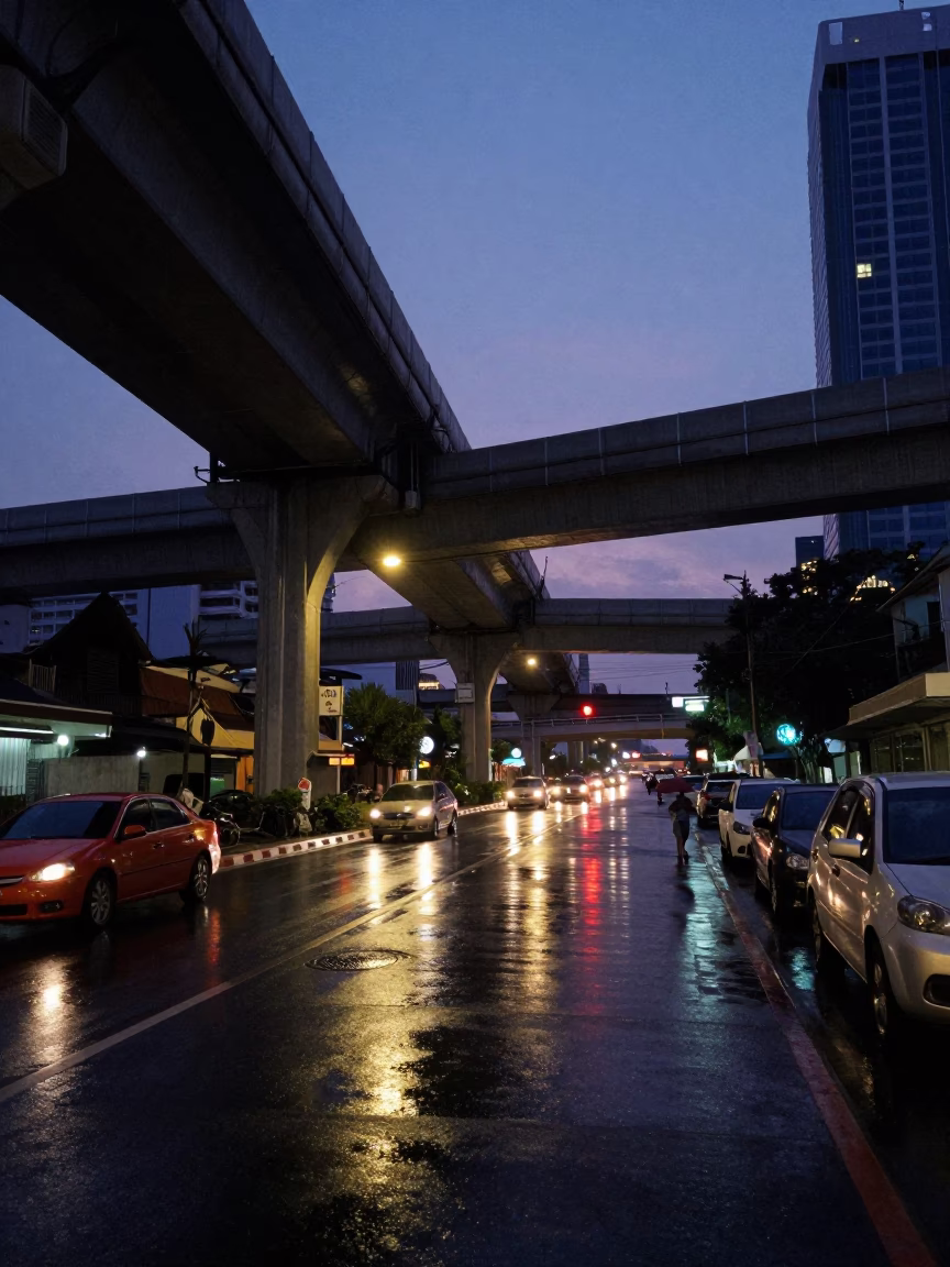 Nautical Dawn Street Scene in Bangkok Thailand with Overpass Interchange and Rain Reflections in in Bangkok, Thailand