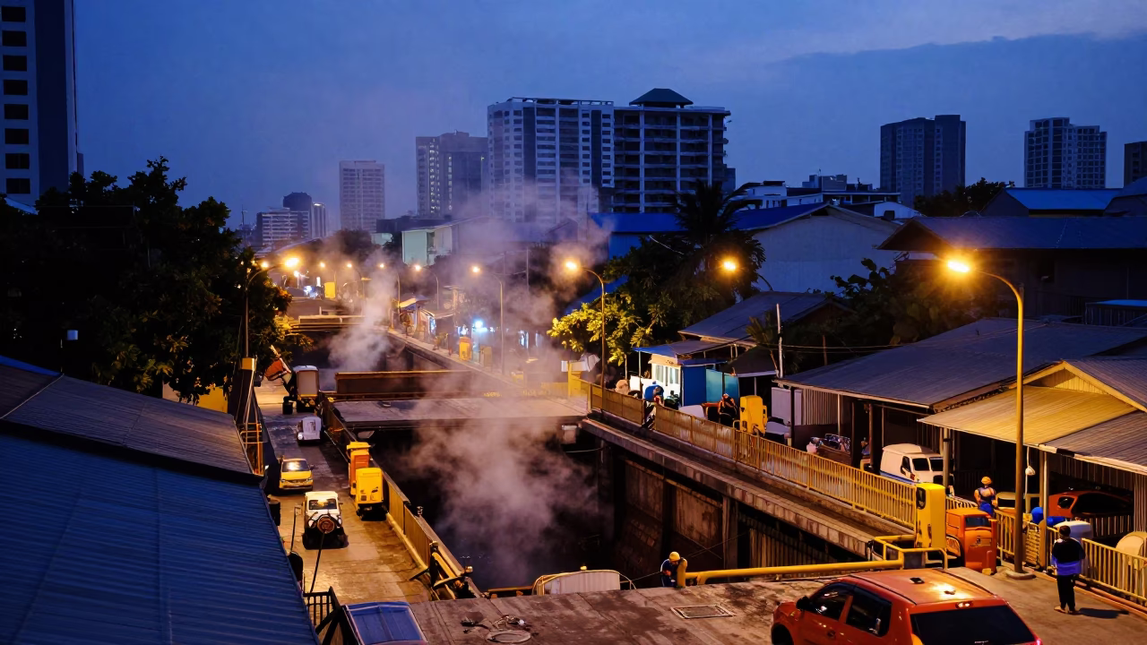 Nautical Dawn Street Scene in Bangkok Thailand with Sewage Tunnel Work Lights in in Bangkok, Thailand