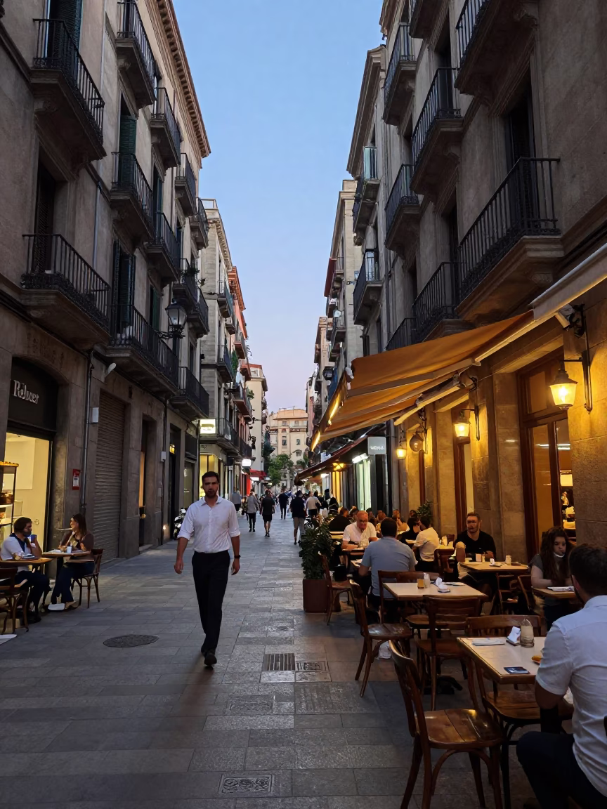Nautical Dawn Street Scene in Barcelona Spain with Local Dining and Urban Architecture in in Barcelona, Spain
