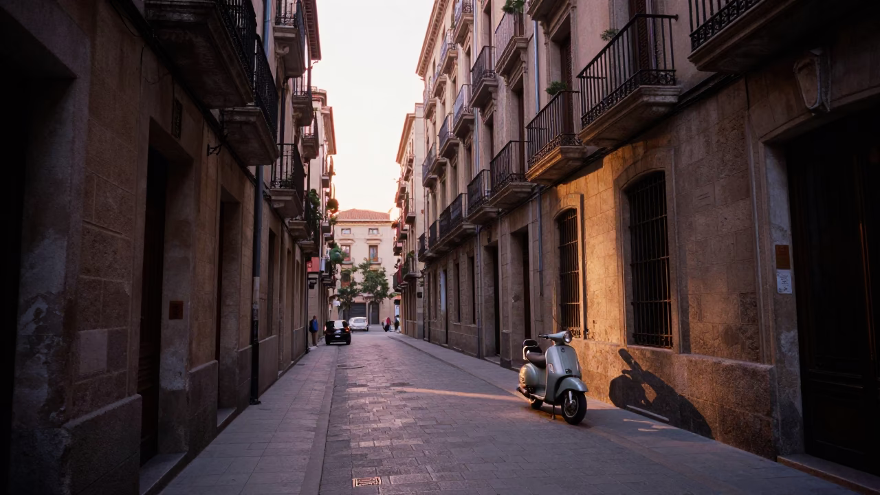 Nautical Dawn Street Scene in Barcelona Spain with Vintage 1970s Aesthetic Details in in Barcelona, Spain