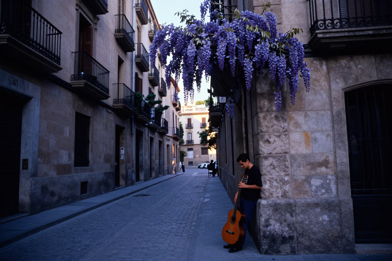 Nautical Dawn Street Scene in Barcelona with Wisteria and Guitar in in Barcelona, Spain