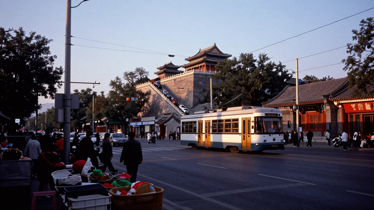 Nautical Dawn Street Scene in Beijing China with Morning Market Basket and Tram in in Beijing, China