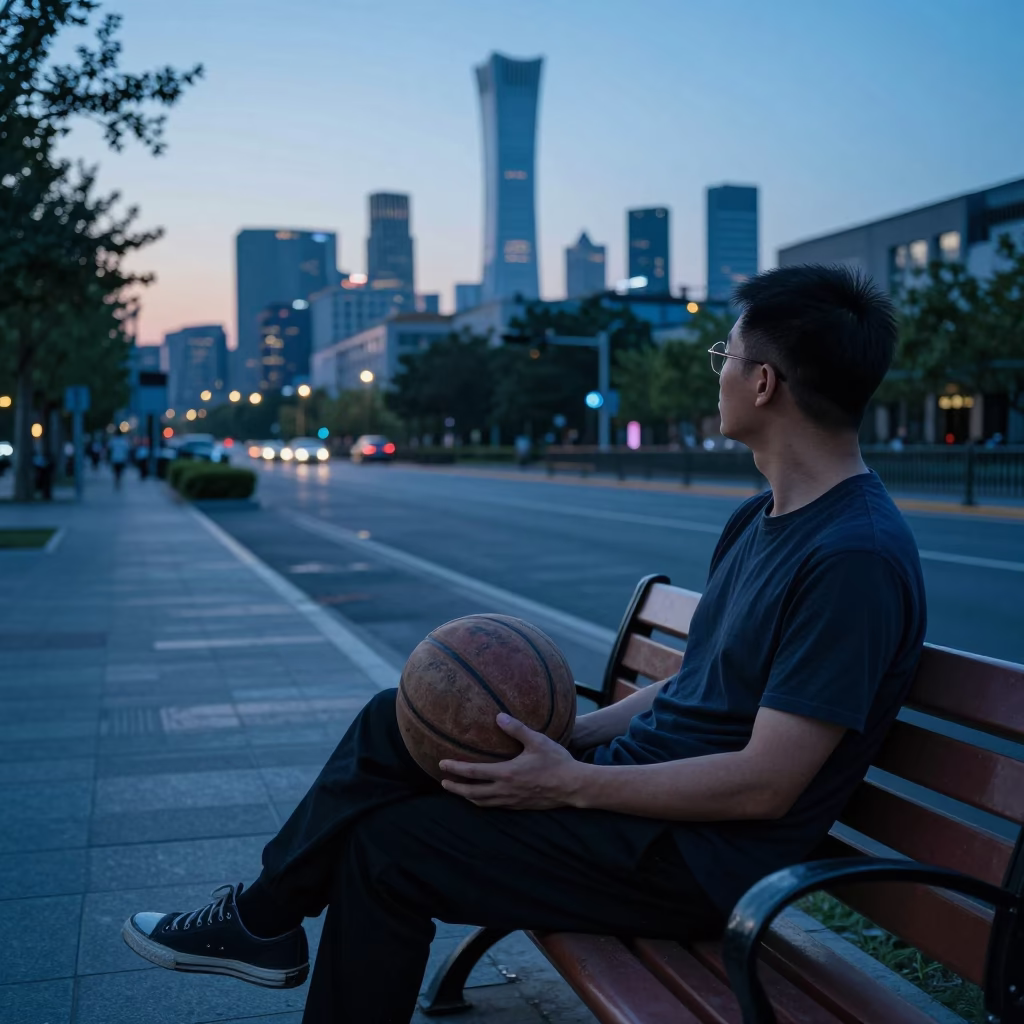 Nautical Dawn Street Scene in Beijing China with Park Bench and Leather Basketball in in Beijing, China