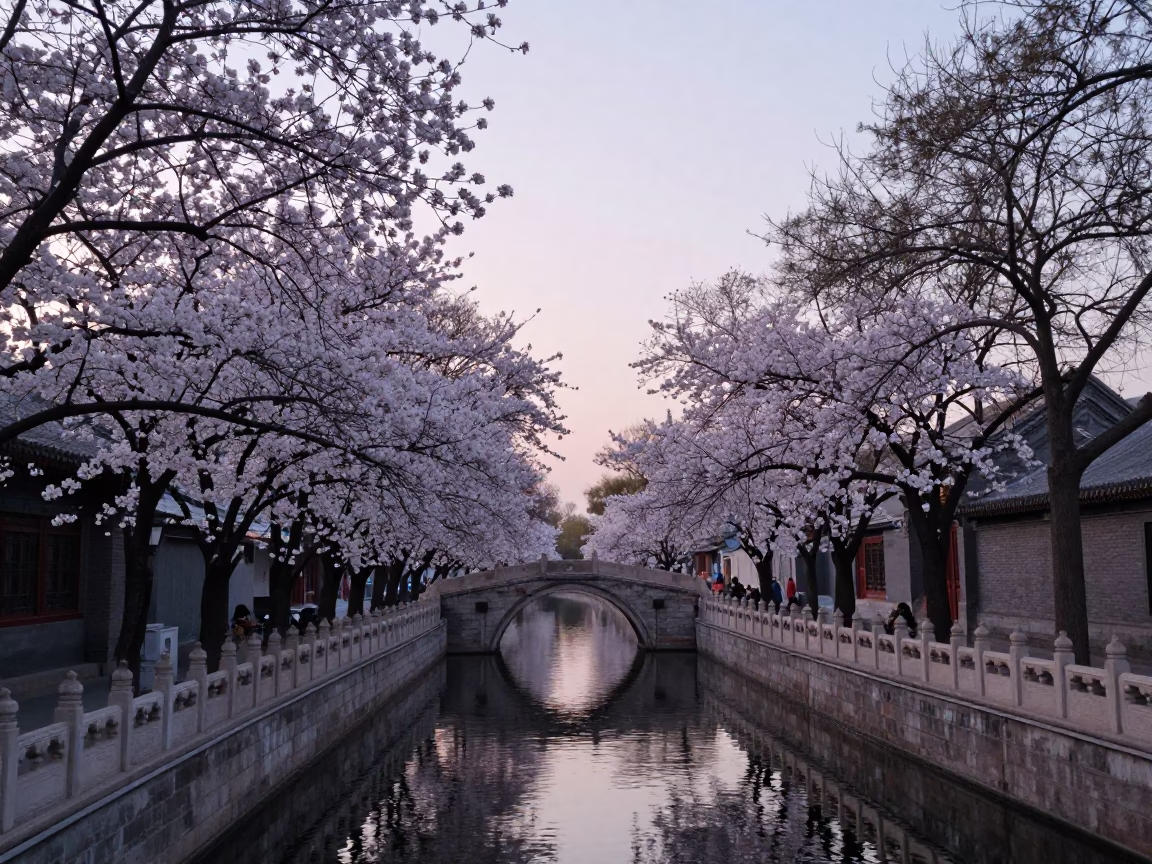 Nautical Dawn Street Scene in Beijing with Cherry Trees and Canal in in Beijing, China
