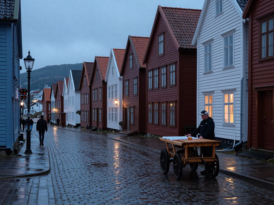 Nautical Dawn Street Scene in Bergen Norway with Brushed Steel and Cherries in in Bergen, Norway