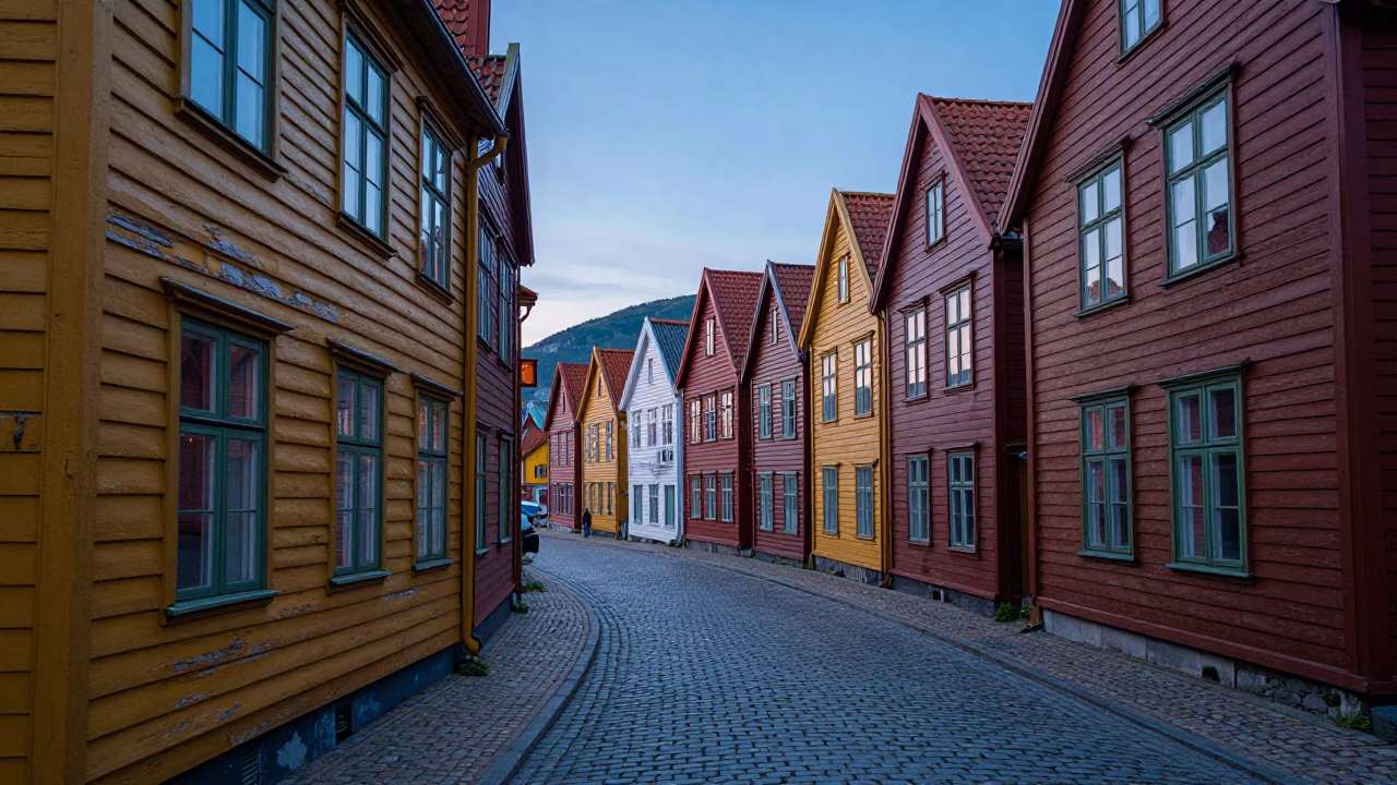 Nautical Dawn Street Scene in Bergen Norway with Colorful Houses in in Bergen, Norway