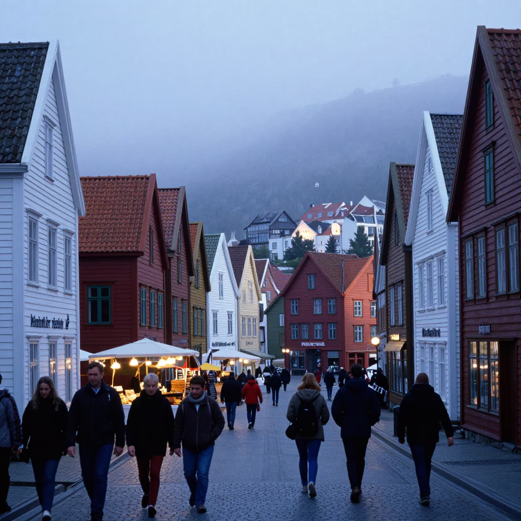Nautical Dawn Street Scene in Bergen Norway with Local Market Activity in in Bergen, Norway