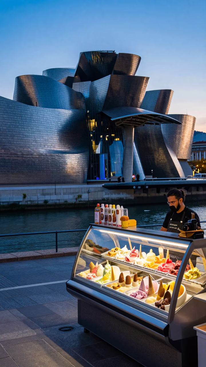 Nautical Dawn Street Scene in Bilbao Spain with Gelato Display and Steel Bands in in Bilbao, Spain