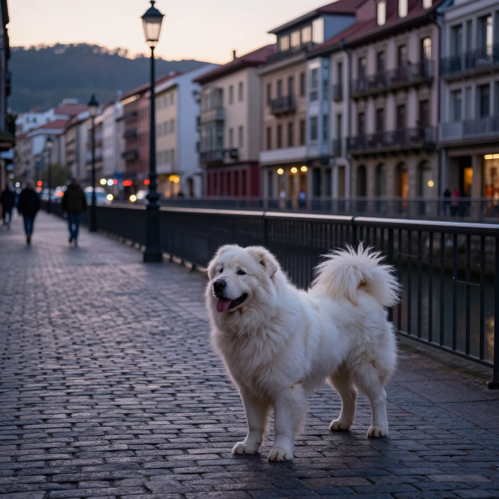 Nautical Dawn Street Scene in Bilbao Spain with Great Pyrenees Dog and Urban Elements in in Bilbao, Spain