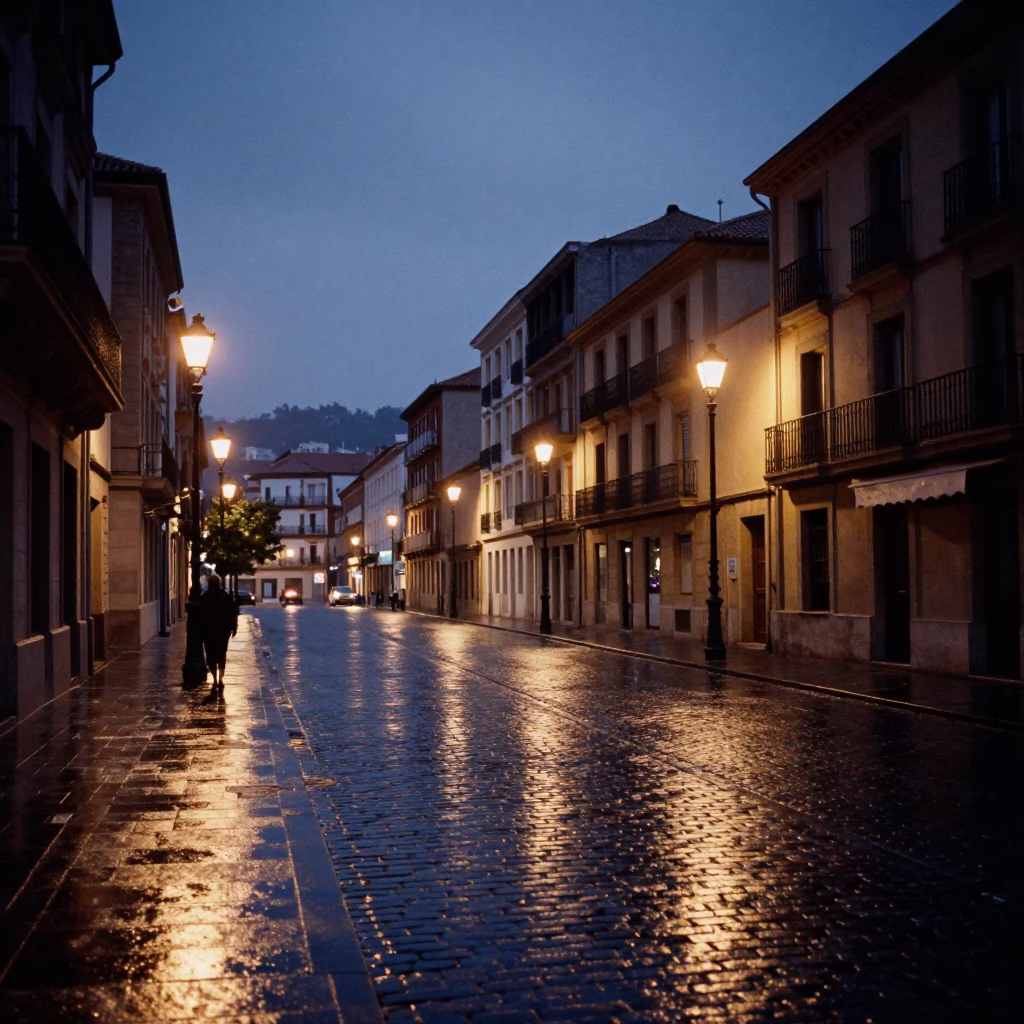 Nautical Dawn Street Scene in Bilbao Spain with Wet Cobblestones and Early Morning Activity in in Bilbao, Spain