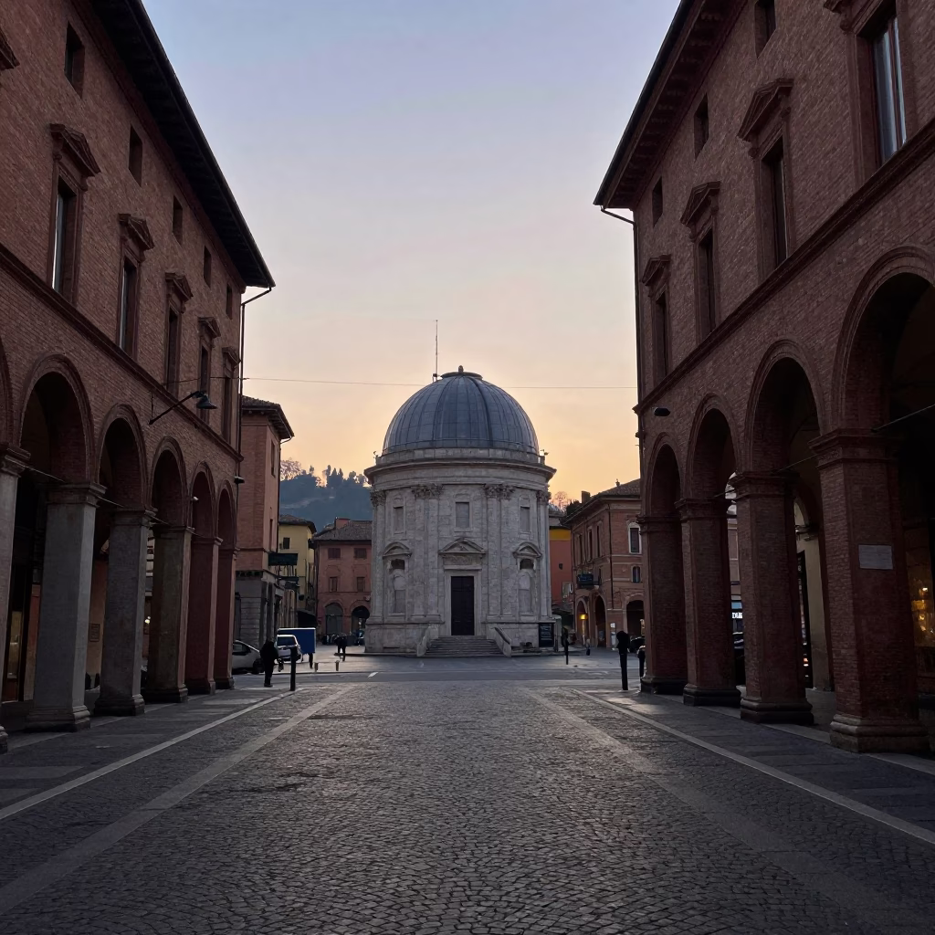 Nautical Dawn Street Scene in Bologna Italy with Stone Observatory and Shadowed Underpass in in Bologna, Italy