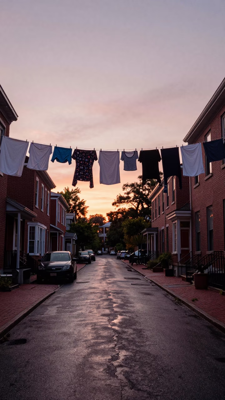 Nautical Dawn Street Scene in Boston Massachusetts with Hanging Laundry and Vintage Automobiles in in Boston, Massachusetts, United States