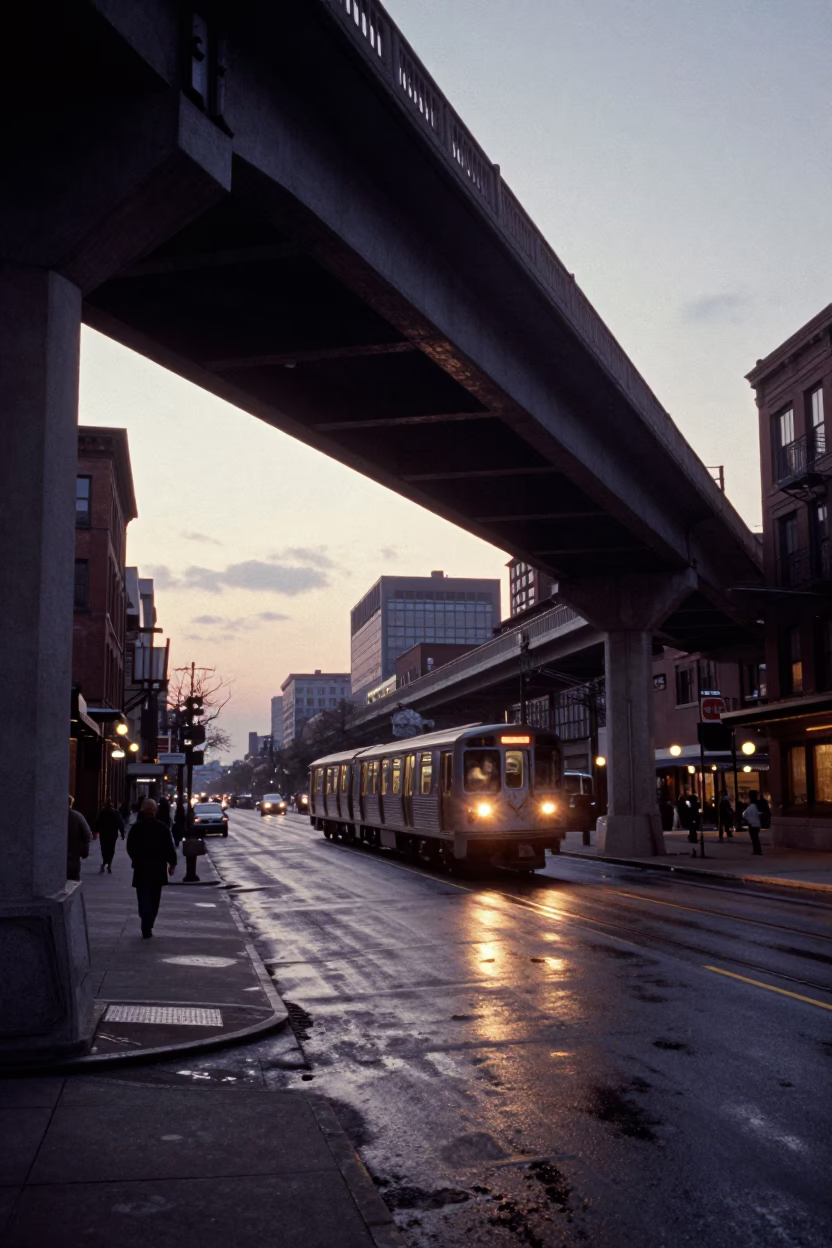 Nautical Dawn Street Scene in Boston Massachusetts with Metro Train Emerging from Tunnel in in Boston, Massachusetts, United States