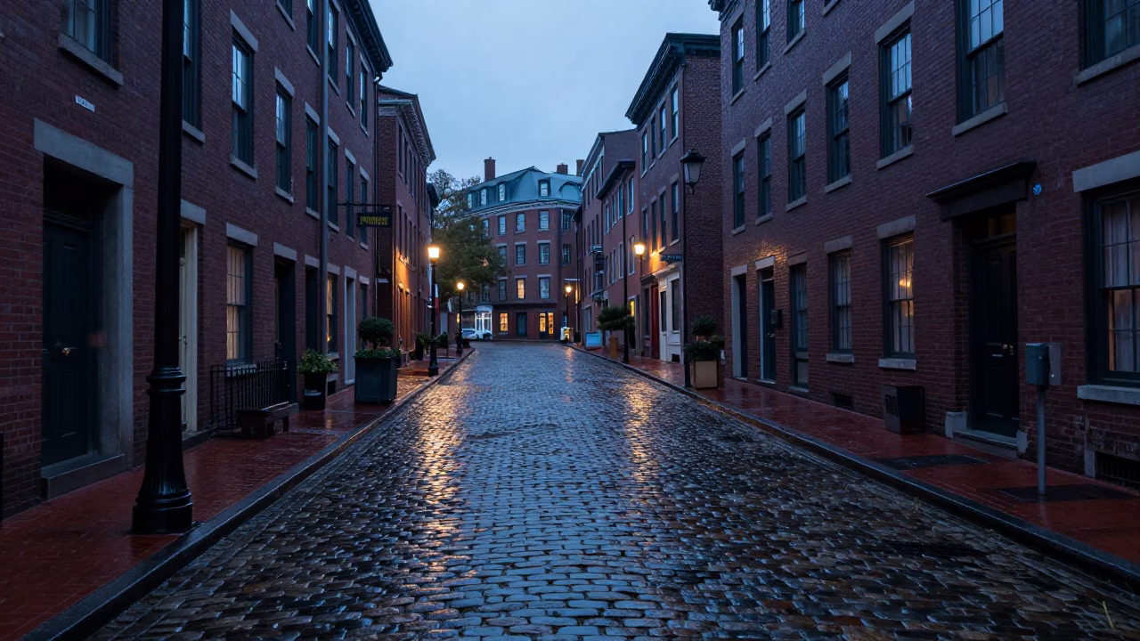 Nautical Dawn Street Scene in Boston Massachusetts with Rain Cobblestones and Tramcar Reflection in in Boston, Massachusetts, United States