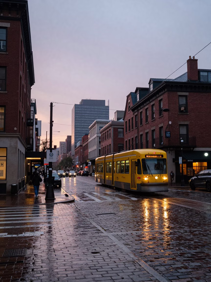 Nautical Dawn Street Scene in Boston Massachusetts with Tramcar Reflection on Wet Cobblestones in in Boston, Massachusetts, United States