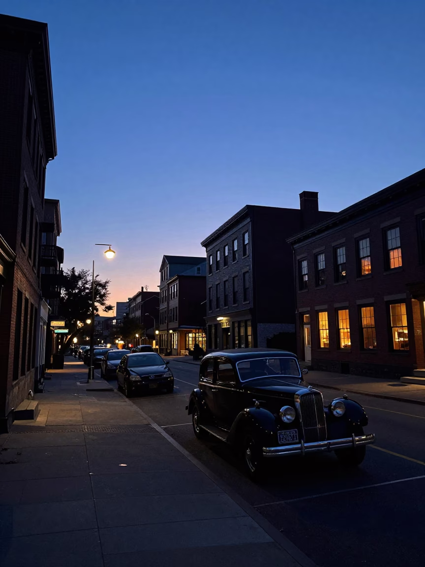 Nautical Dawn Street Scene in Boston Massachusetts with Vintage Car and Pedestrians in in Boston, Massachusetts, United States