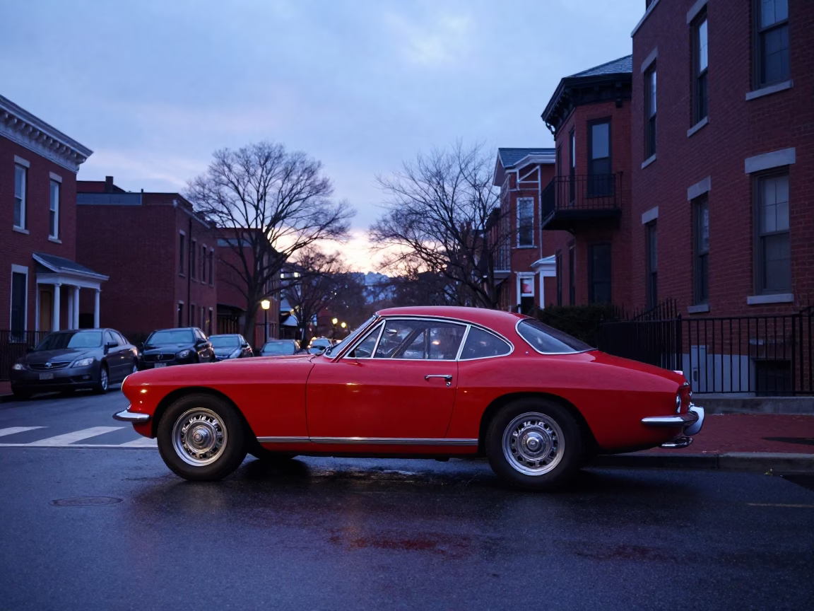 Nautical Dawn Street Scene in Boston Massachusetts with Vintage Red Car and Hydrangeas in in Boston, Massachusetts, United States