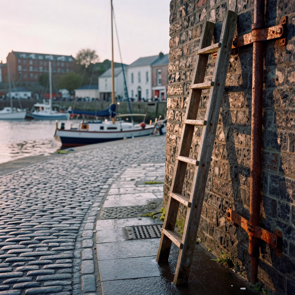 Nautical Dawn Street Scene in Bristol UK with Rusty Hinge and Ladder in in Bristol, United Kingdom