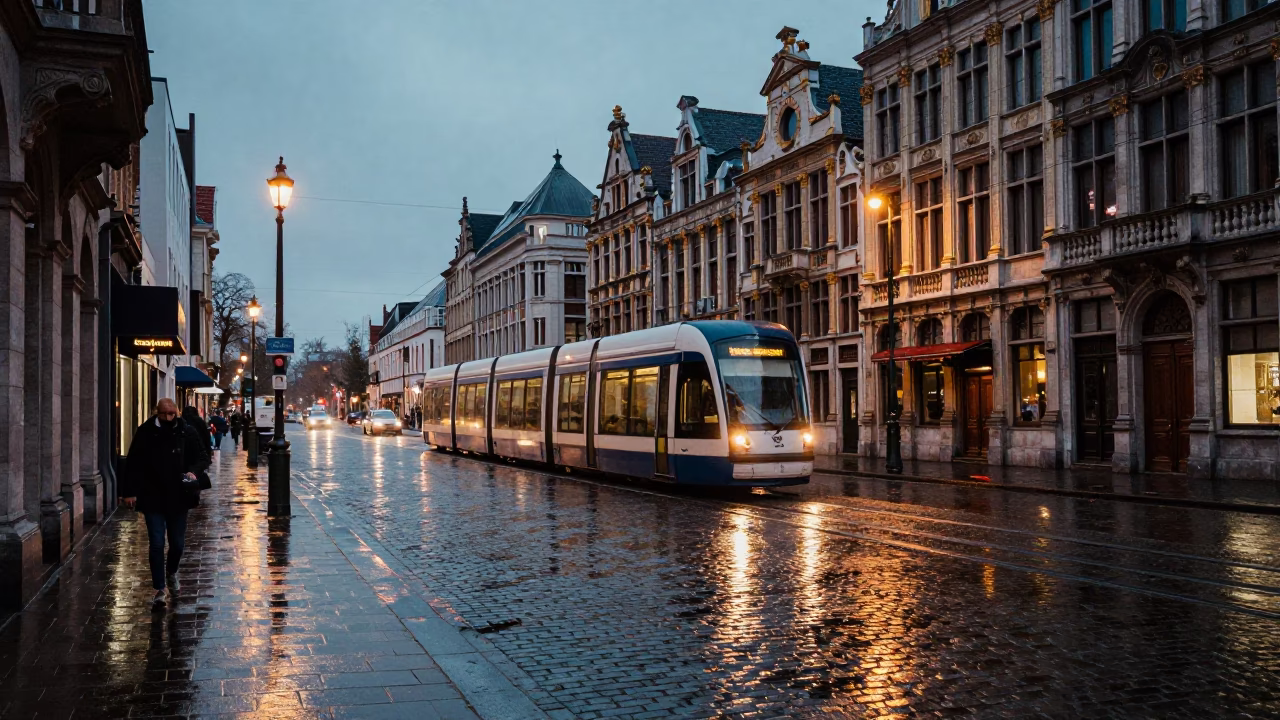 Nautical Dawn Street Scene in Brussels Belgium with Espresso Cup in in Brussels, Belgium