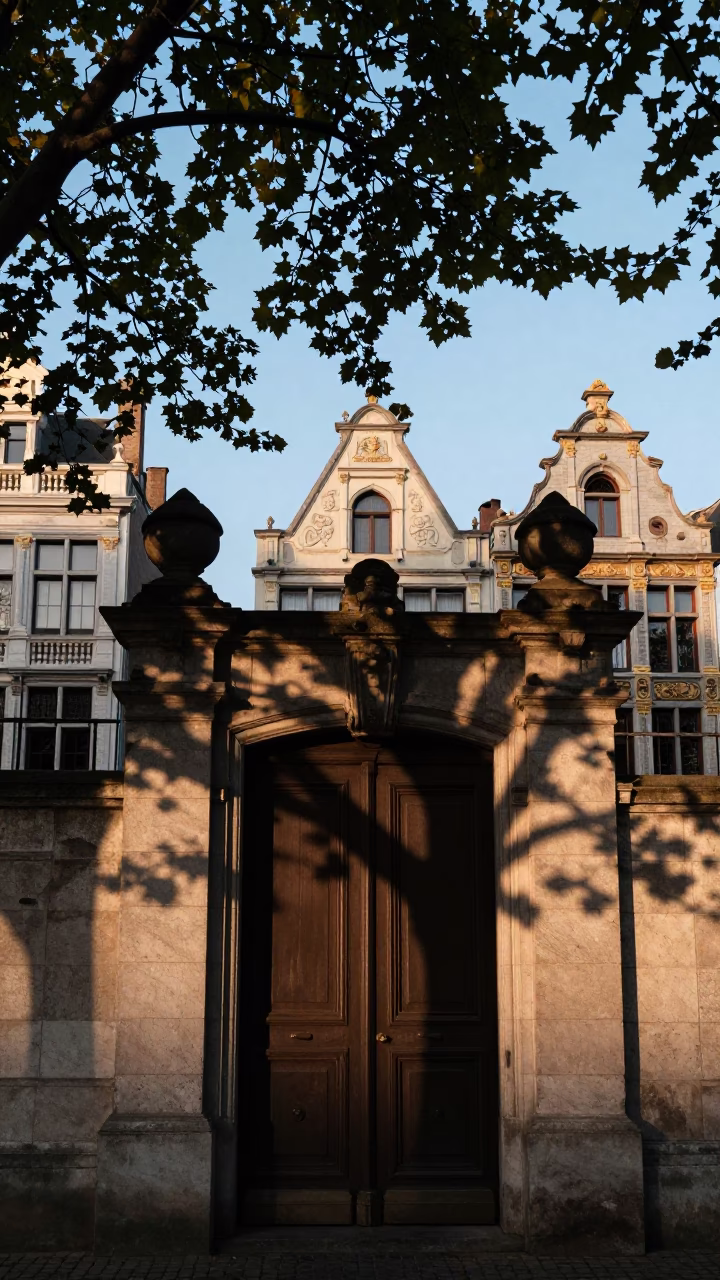 Nautical Dawn Street Scene in Brussels Belgium with Leaf Shadows and Succulents in in Brussels, Belgium