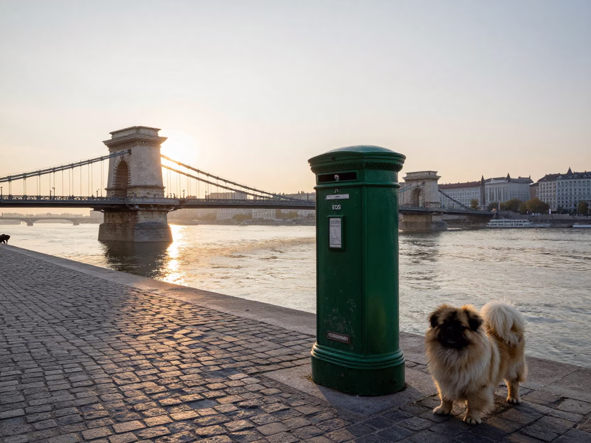 Nautical Dawn Street Scene in Budapest Hungary with Mailbox and Pekingese Dog in in Budapest, Hungary
