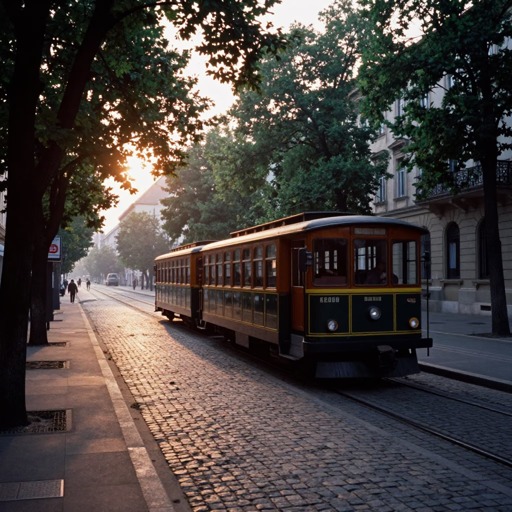 Nautical Dawn Street Scene in Budapest Hungary with Vintage Details in in Budapest, Hungary